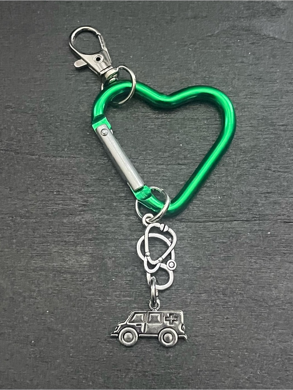 Green Heart Carabiner Keychain with Ambulance Charm - Nurse, Medical, EMT Gift